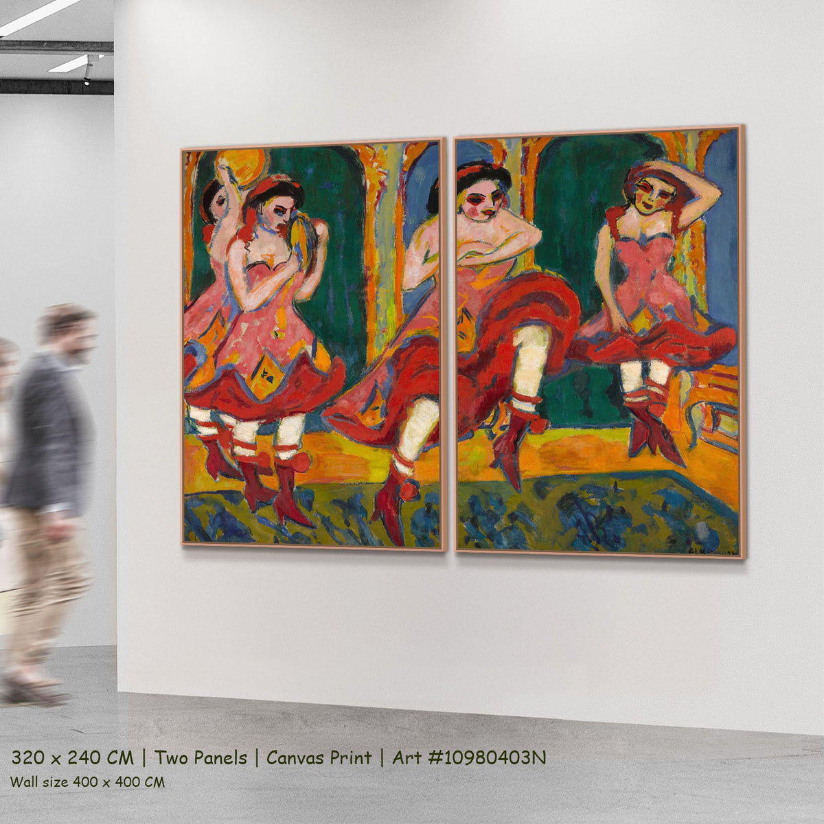 Czardas Dancers by Ernst Ludwig Kirchner as a large two-panel red and orange Expressionist canvas set