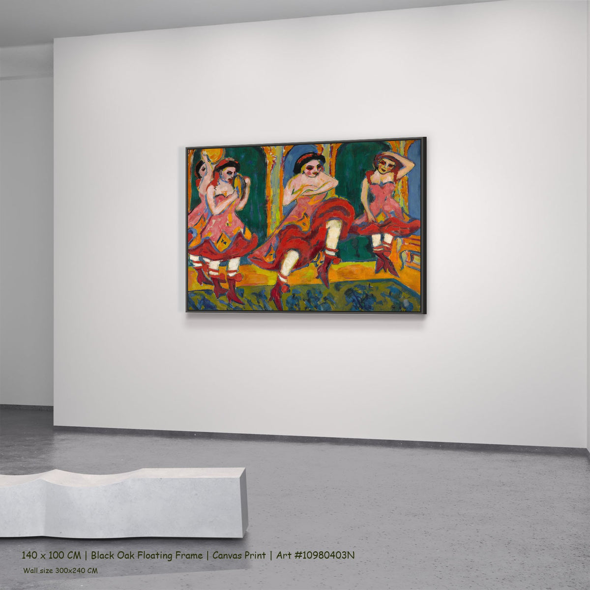 Czardas Dancers by Ernst Ludwig Kirchner in a black oak floating frame, large red and orange Expressionist canvas