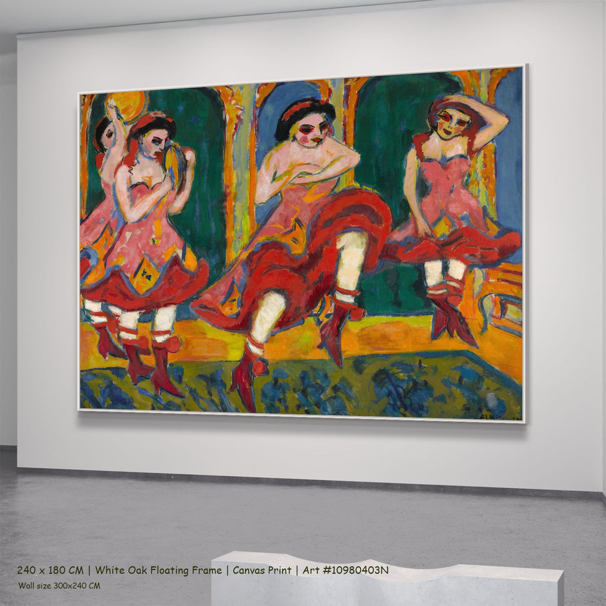 Czardas Dancers by Ernst Ludwig Kirchner in a white oak floating frame, large red and orange Expressionist canvas