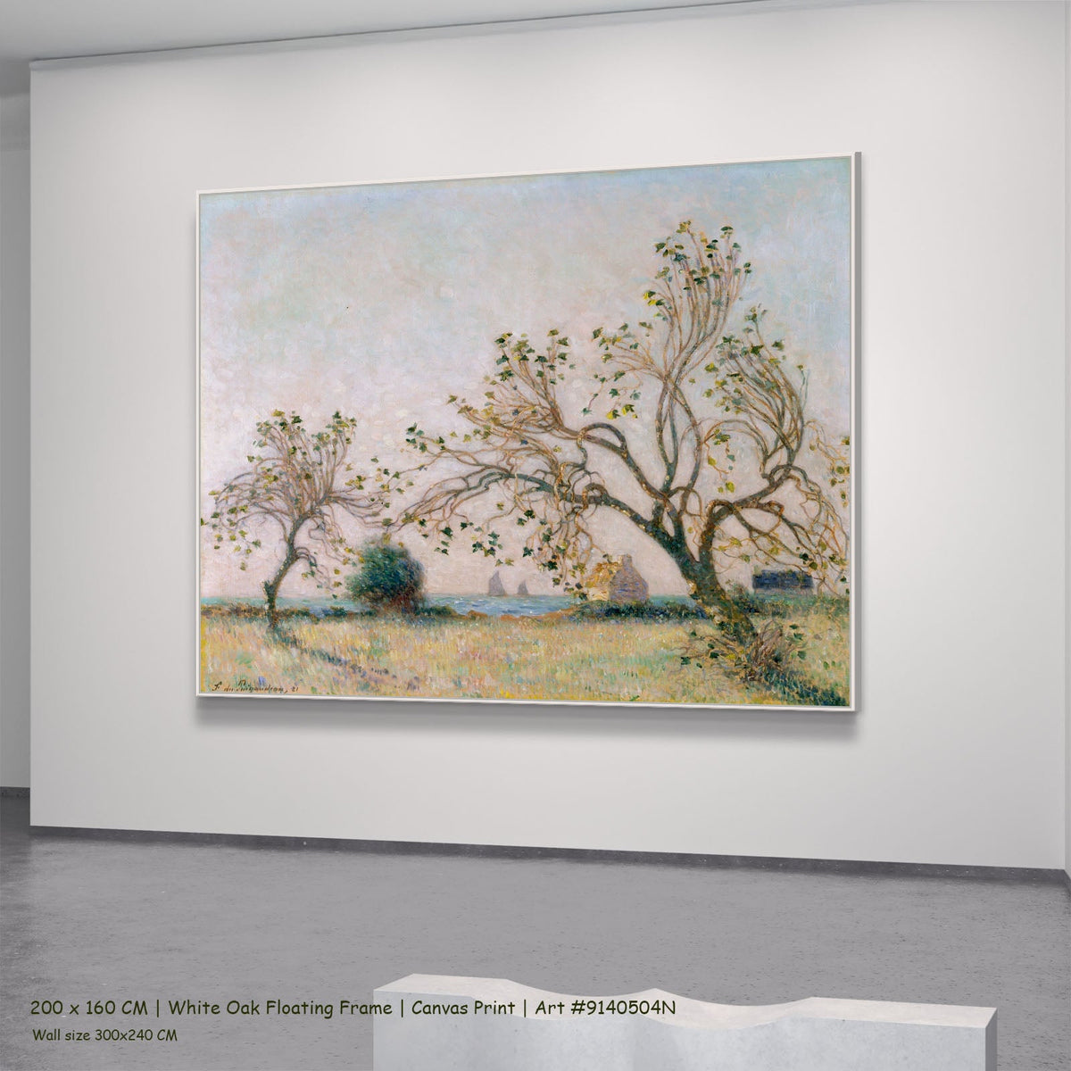Sunset of the Breton Coast by Ferdinand du Puigaudeau in a white oak floating frame, large gold and green Impressionist canva
