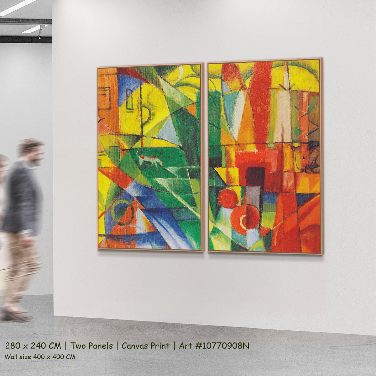 Landscape with House, Dog and Cattle by Franz Marc as a large two-panel yellow and red Expressionist Abstract canvas set