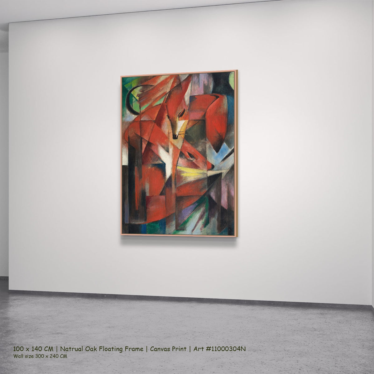 The Foxes by Franz Marc in a natural oak floating frame, large red and black Expressionist canvas