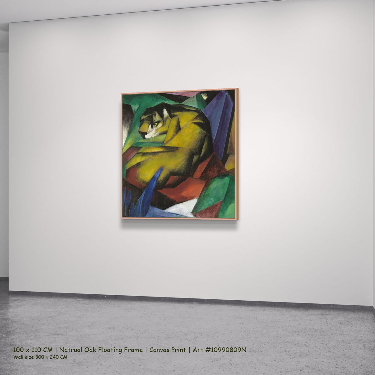 Tiger by Franz Marc in a natural oak floating frame, large yellow and green Expressionist canvas