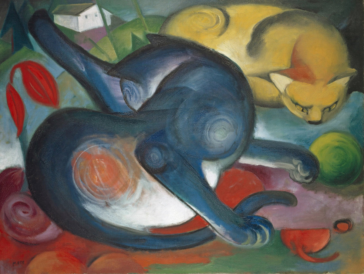 Large blue and yellow Expressionist Abstract canvas print of Two Cats, Blue and Yellow by Franz Marc