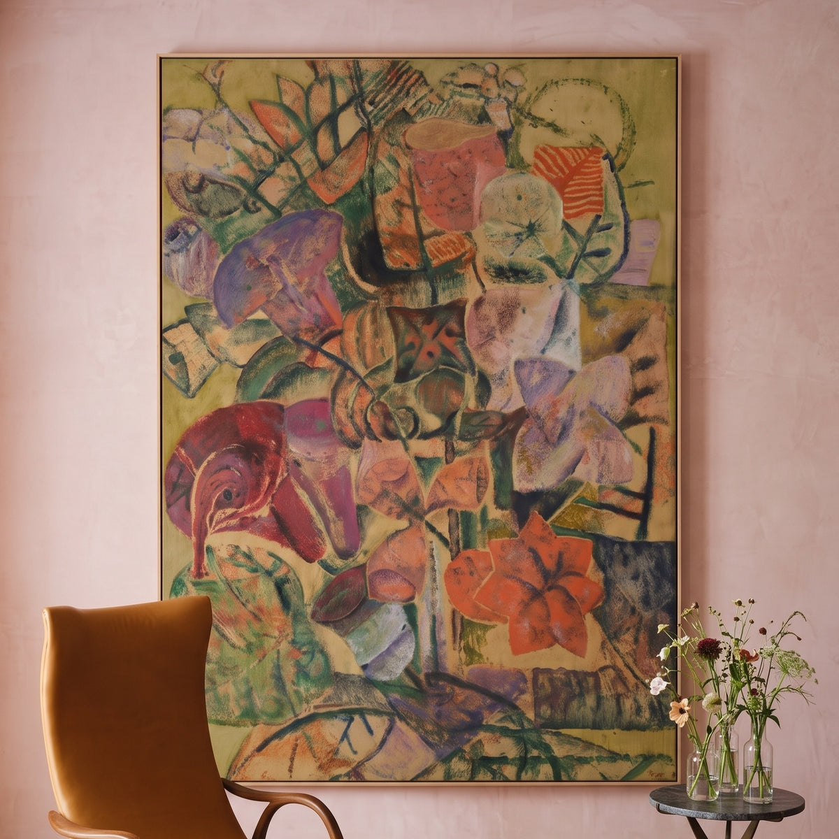 Fleurs by Frits Van den Berghe — large olive and orange Expressionist canvas art on a living room wall