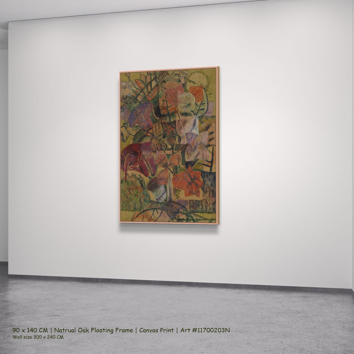 Fleurs by Frits Van den Berghe in a natural oak floating frame, large olive and orange Expressionist canvas