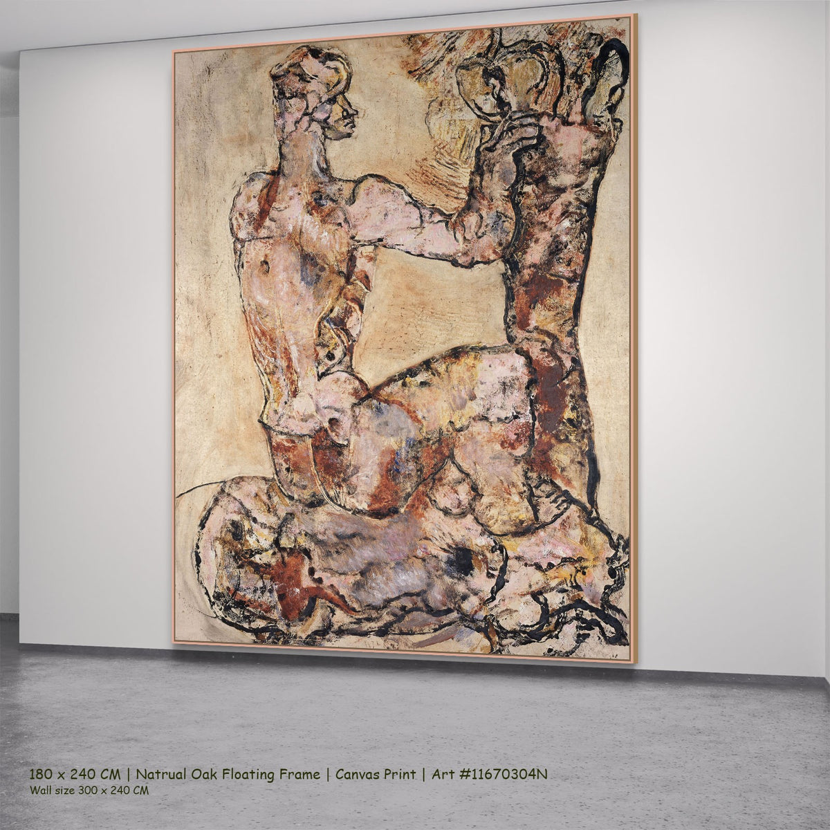 Sitting pink nude by Frits Van den Berghe in a natural oak floating frame, large pink and brown Expressionist canvas
