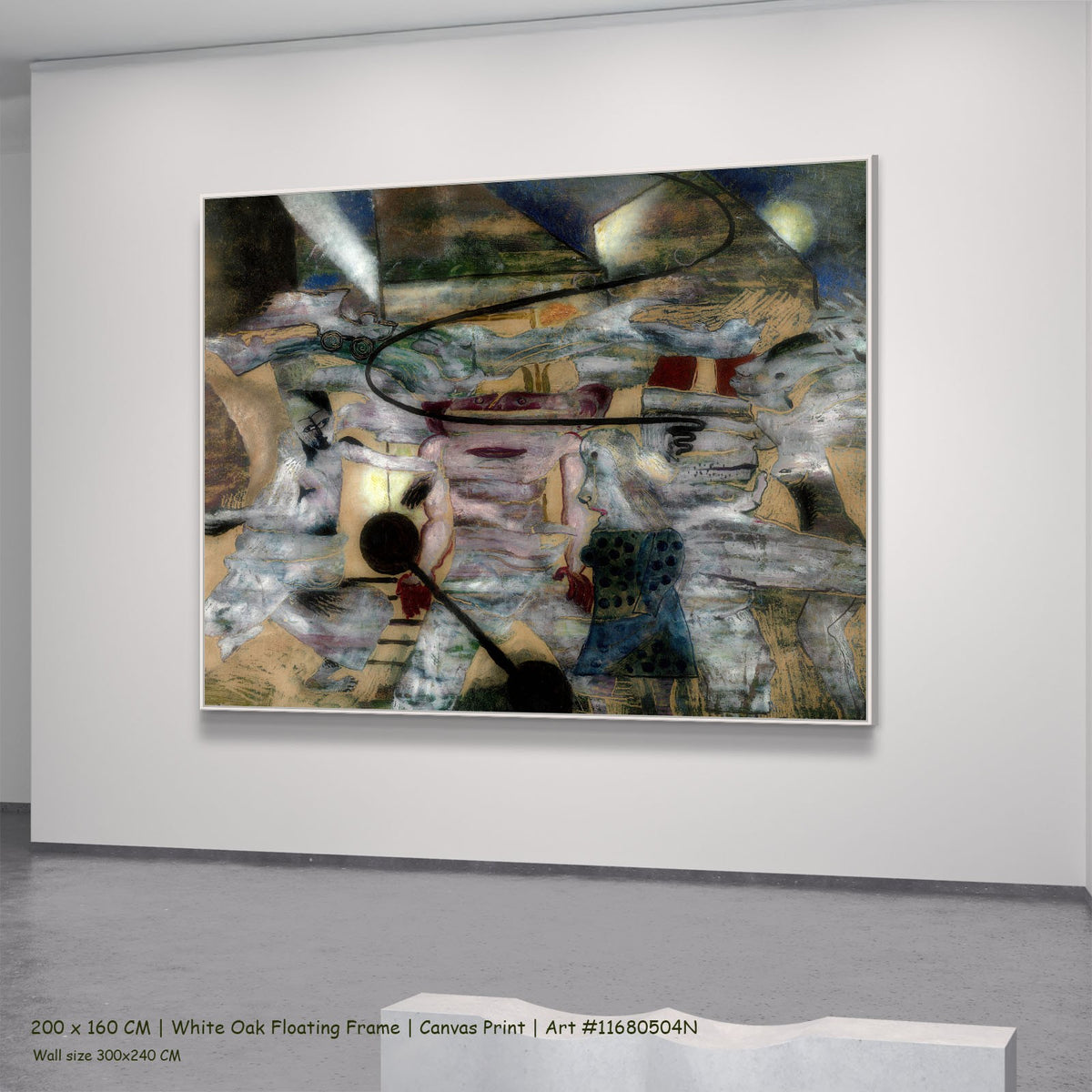 The Monster by Frits Van den Berghe in a white oak floating frame, large brown and grey Surrealist canvas