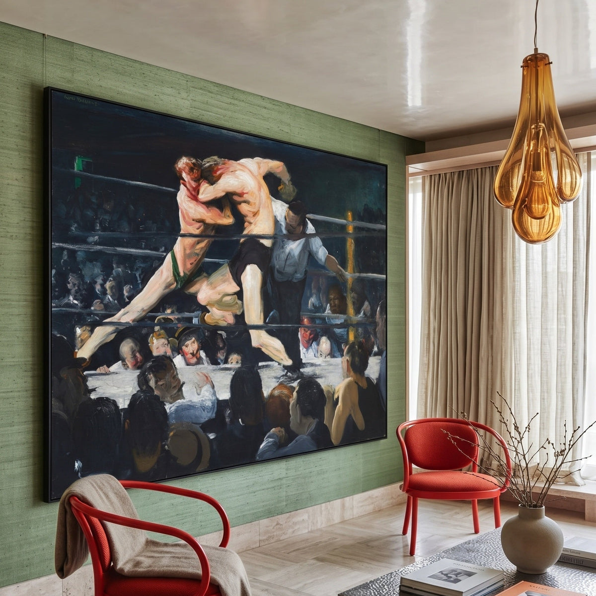 Stag at Sharkey's by George Bellows — large pink and black Boxing canvas art displayed on a wall