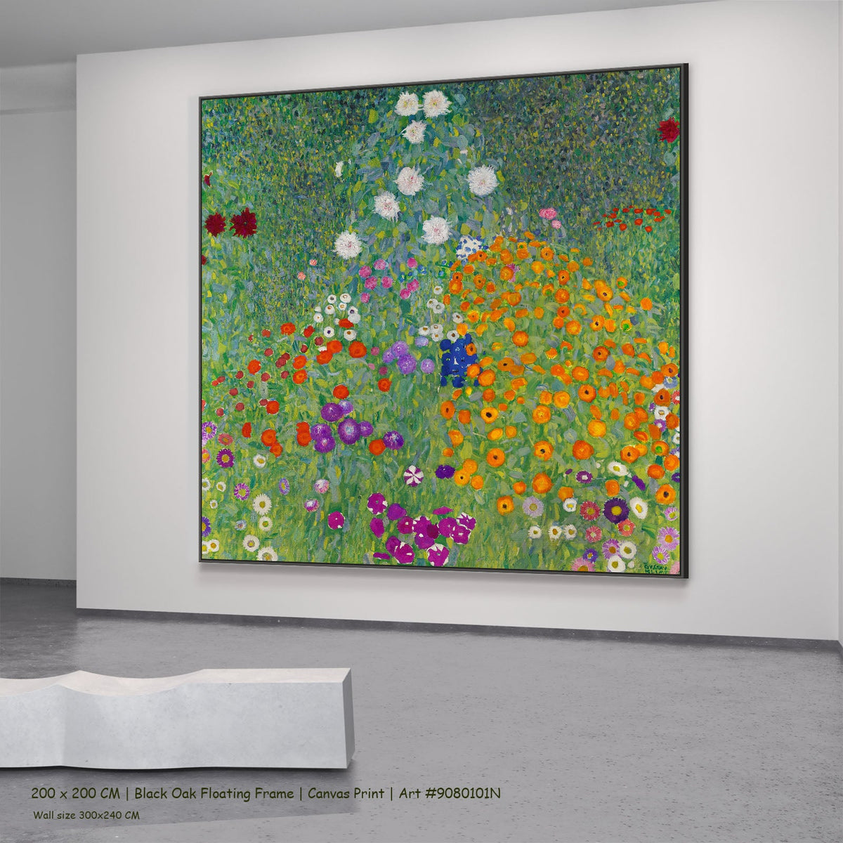 Bauerngarten by Gustav Klimt in a black oak floating frame, large green and orange Impressionist canvas