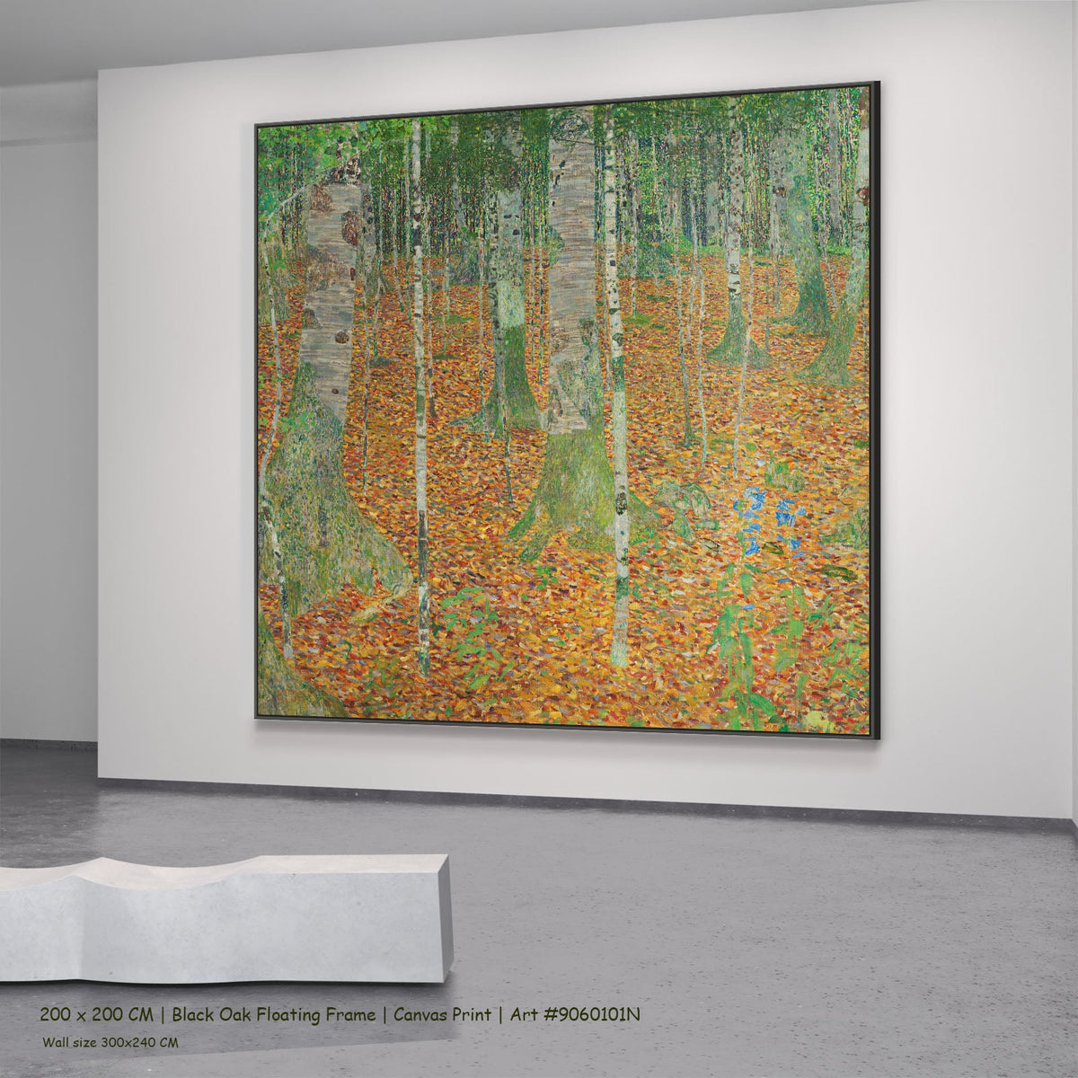 Birch Forest by Gustav Klimt in a black oak floating frame, large orange and green Impressionist canvas