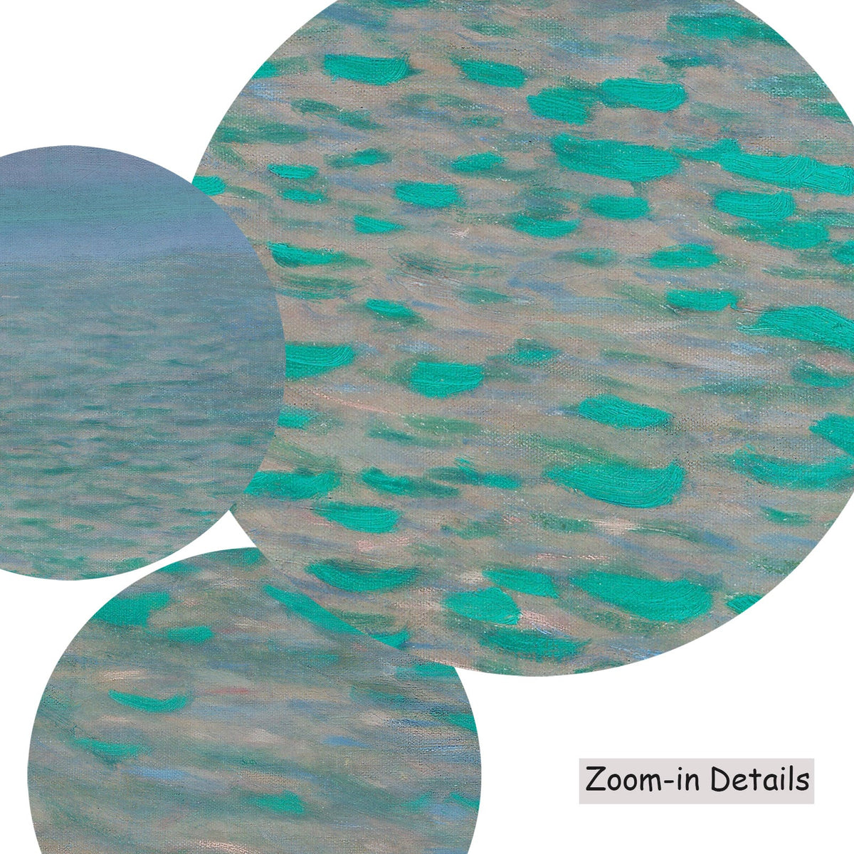 Close-up detail of the brushwork on On Lake Attersee, a large aqua and grey Impressionist canvas by Gustav Klimt