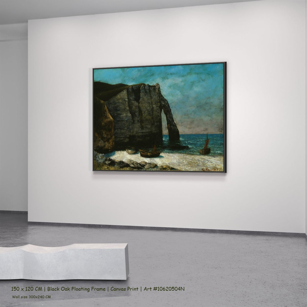 The Cliff at Étretat by Gustave Courbet in a black oak floating frame, large aqua and grey Landscape canvas