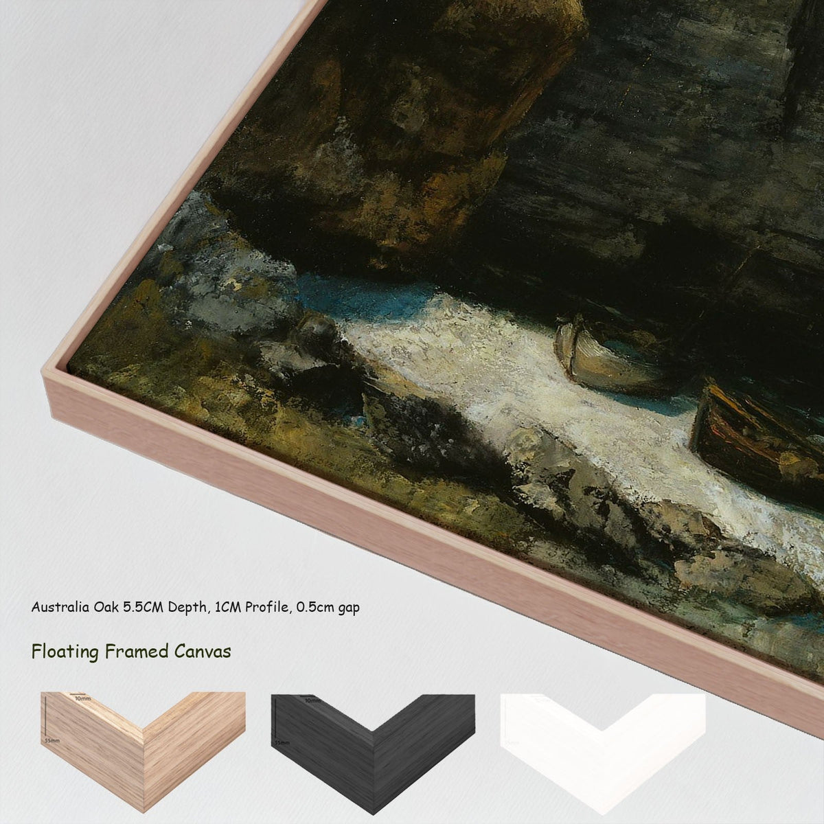 The Cliff at Étretat by Gustave Courbet in a floating frame, large aqua and grey Landscape canvas print