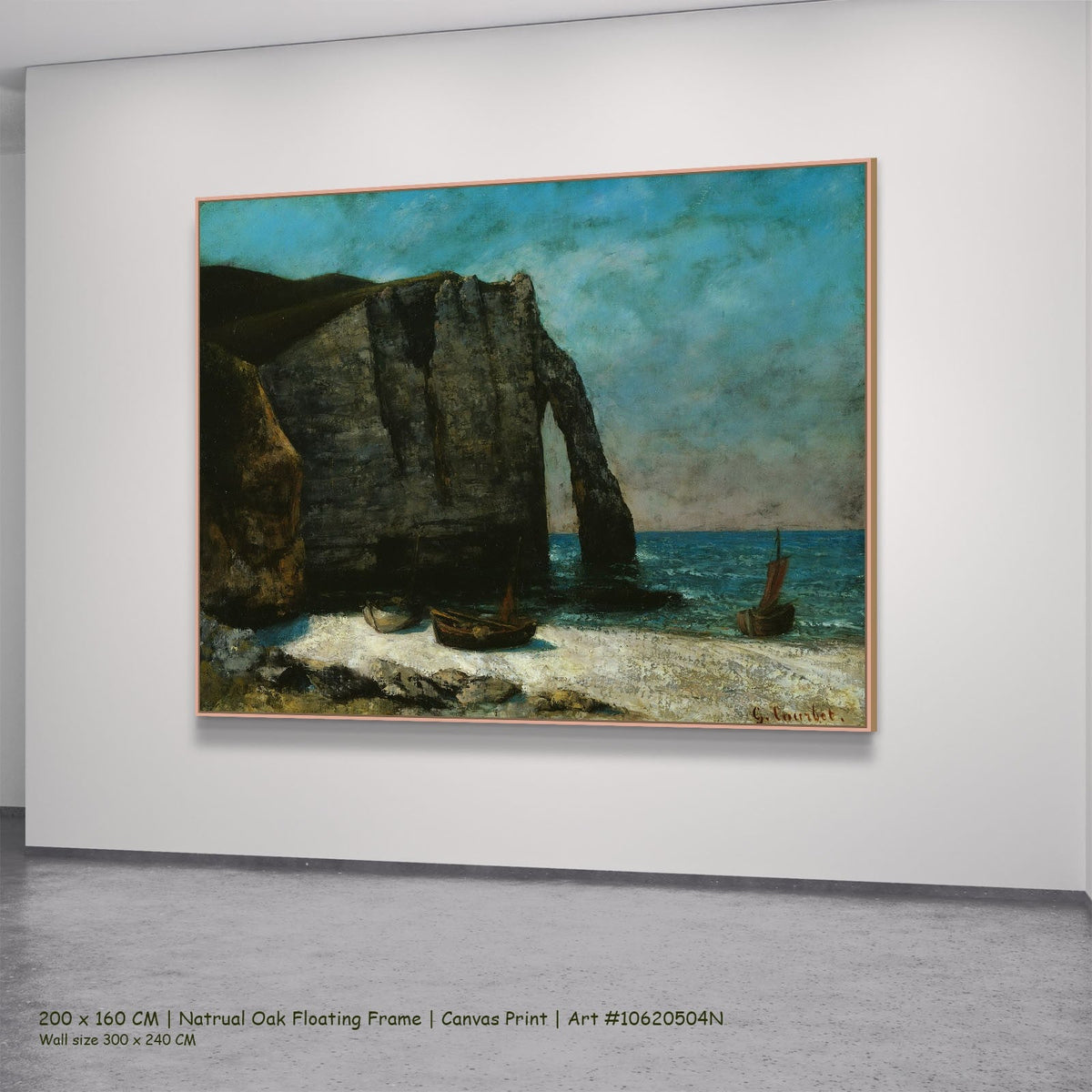 The Cliff at Étretat by Gustave Courbet in a natural oak floating frame, large aqua and grey Landscape canvas
