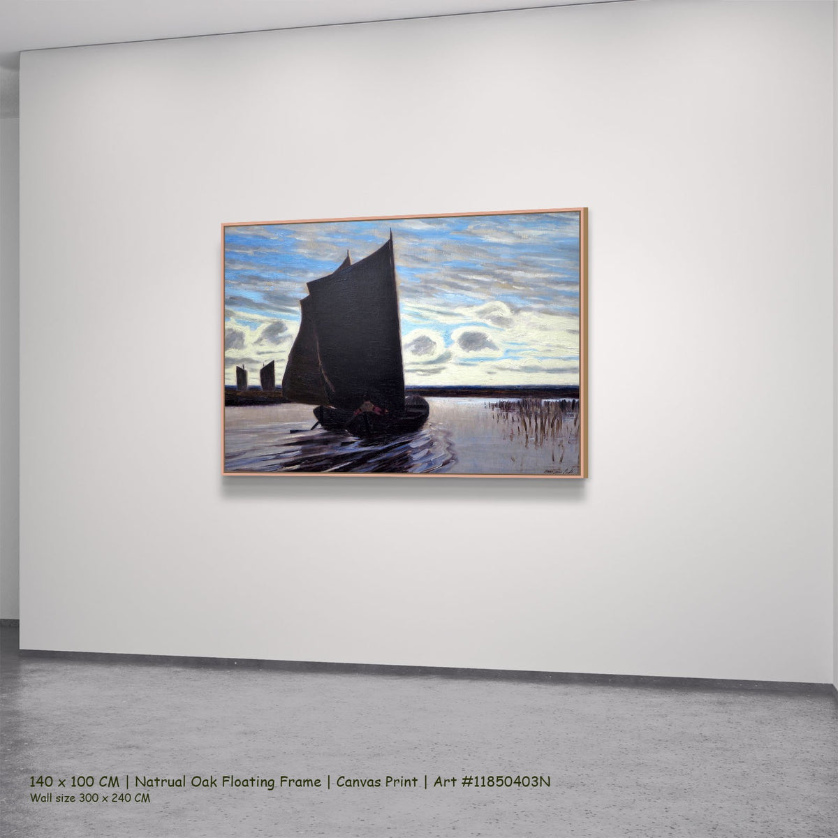 Torfsegler auf der Hamme by Hans am Ende in a natural oak floating frame, large light blue and black Impressionist canvas