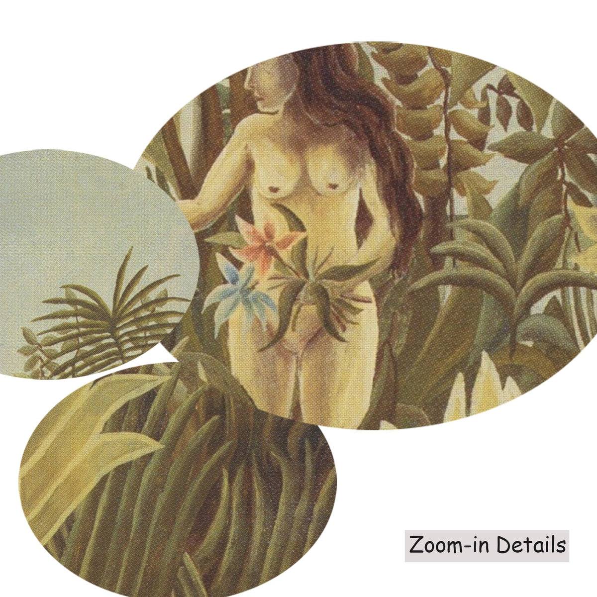 Close-up detail of the brushwork on Eve, a large gold and olive Jungle canvas by Henri Rousseau