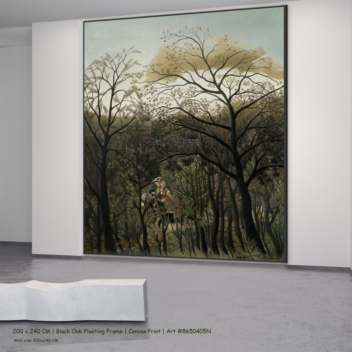 Rendezvous in the Forest by Henri Rousseau in a black oak floating frame, large olive and brown Jungle canvas