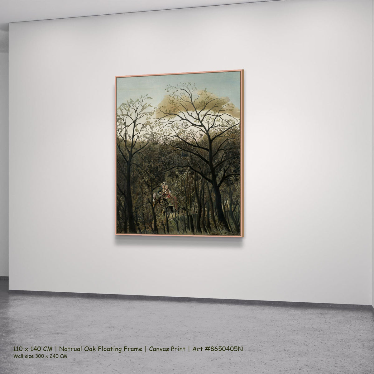 Rendezvous in the Forest by Henri Rousseau in a natural oak floating frame, large olive and brown Jungle canvas