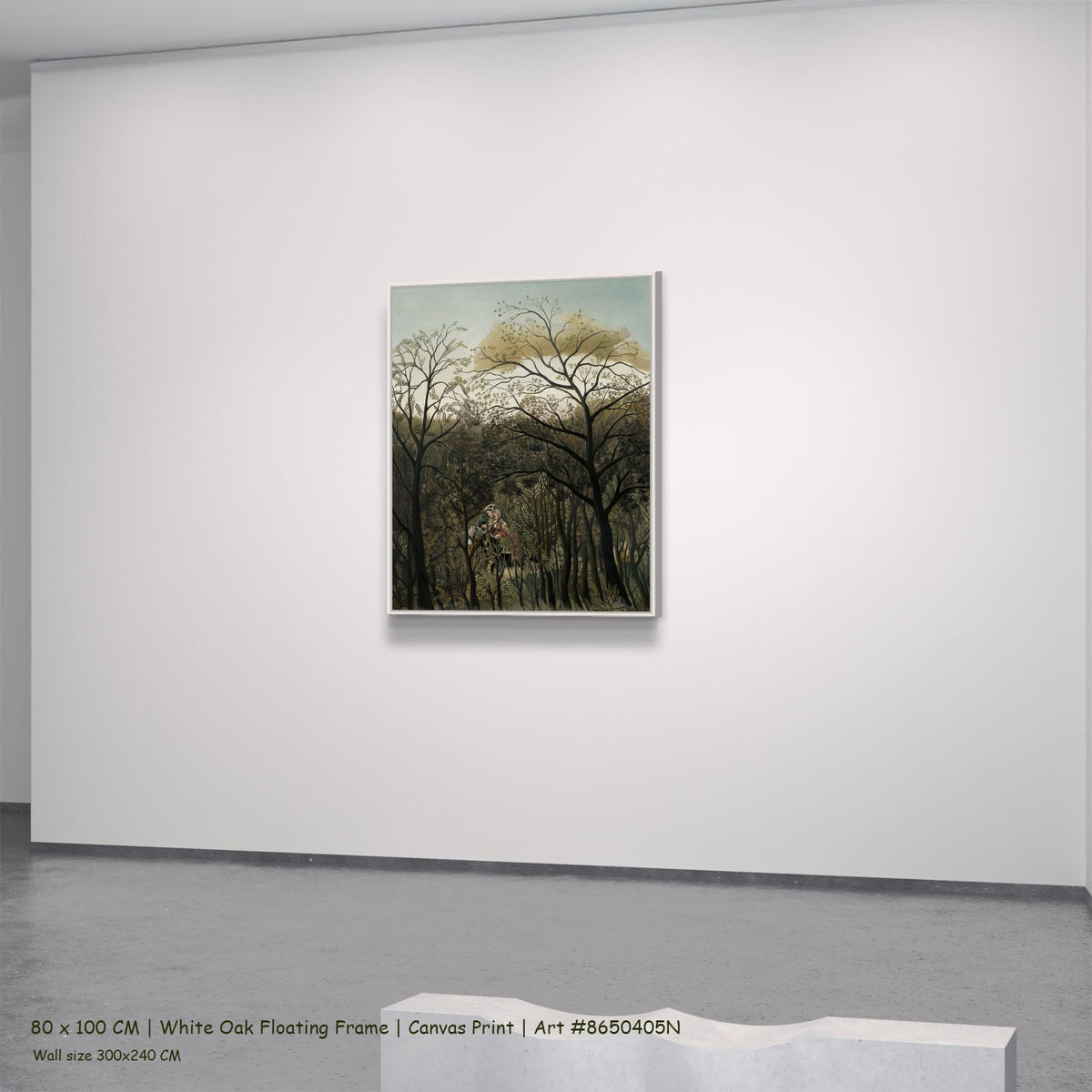 Rendezvous in the Forest by Henri Rousseau in a white oak floating frame, large olive and brown Jungle canvas