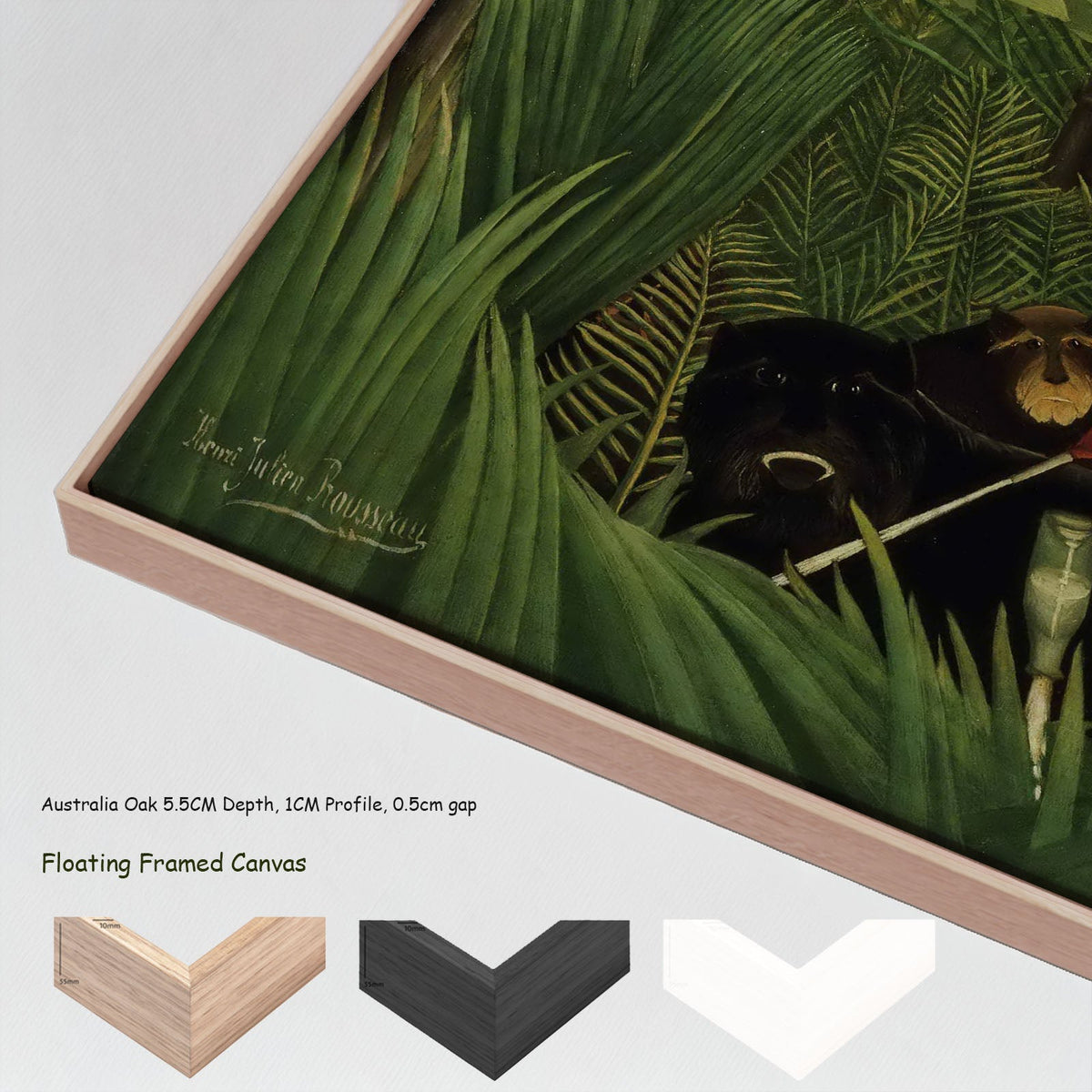 The Merry Jesters by Henri Rousseau in a floating frame, large green and olive Jungle canvas print