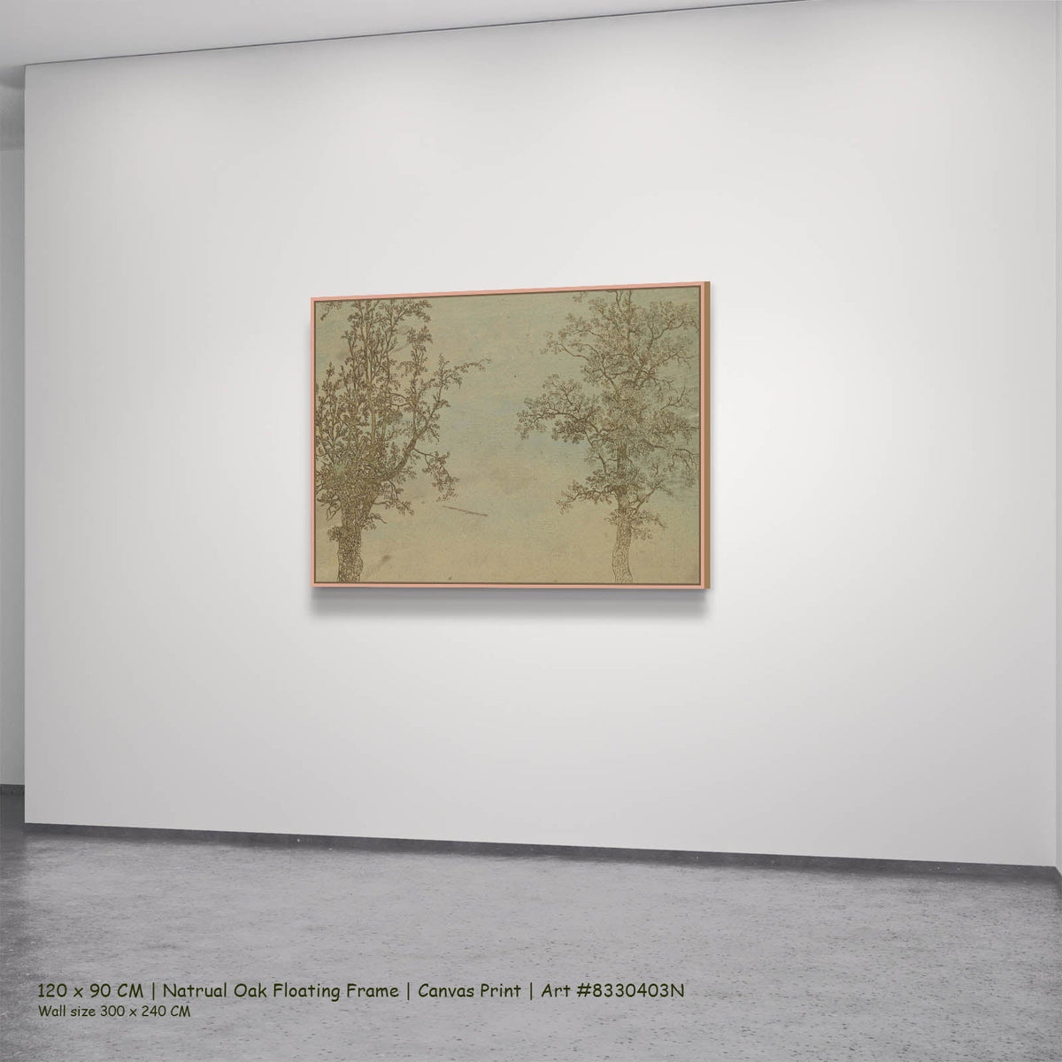 Hercules Segers — Two Trees: An Alder and an Ash Line-Art canvas wall art in a natural oak floating frame, 120 × 90 cm