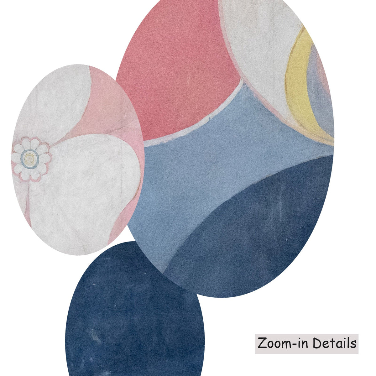 Hilma af Klint — Close-up detail of the brushwork on The Ten Largest, No. 2, Childhood, a large light blue and orange…