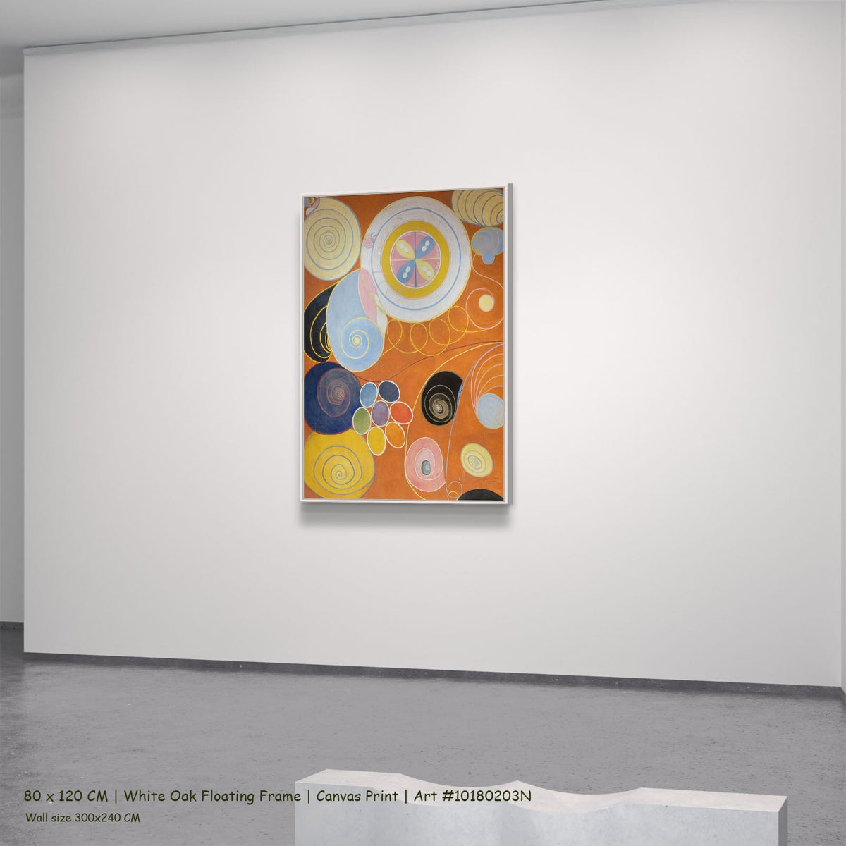 The Ten Largest, No. 3, Youth by Hilma af Klint in a white oak floating frame, large orange and yellow Abstract canvas
