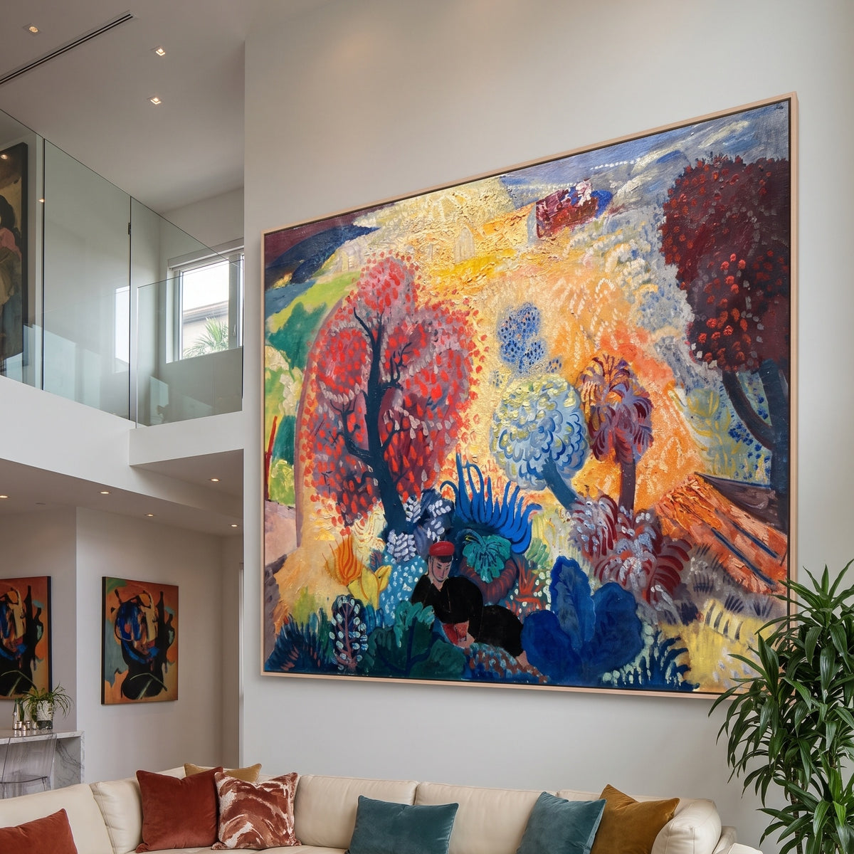 In the Realm of Fantasy by Isaac Grünewald — large yellow and blue Fauvist canvas art on a living room wall