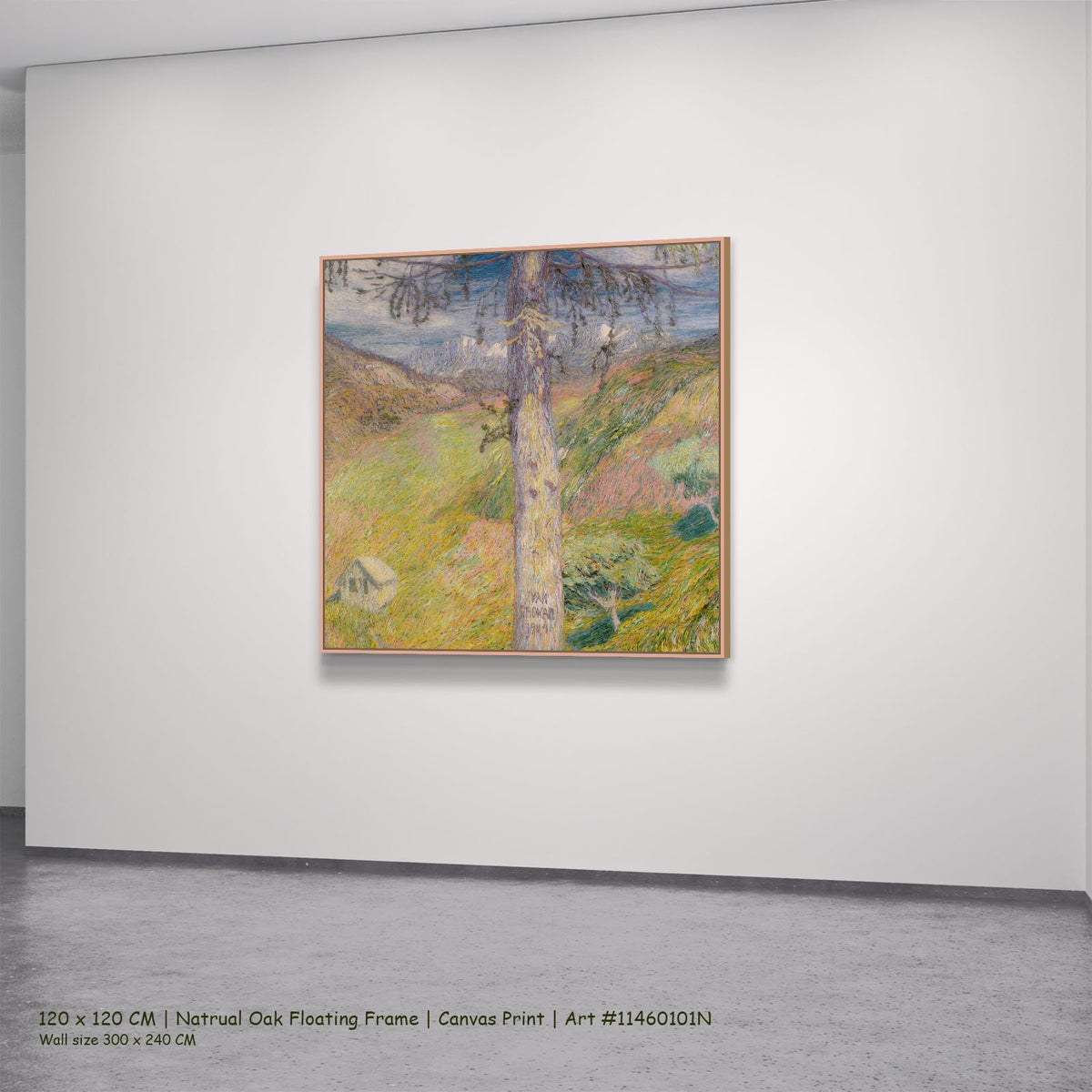 Larch by Ivan Grohar in a natural oak floating frame, large yellow and pink Impressionist canvas