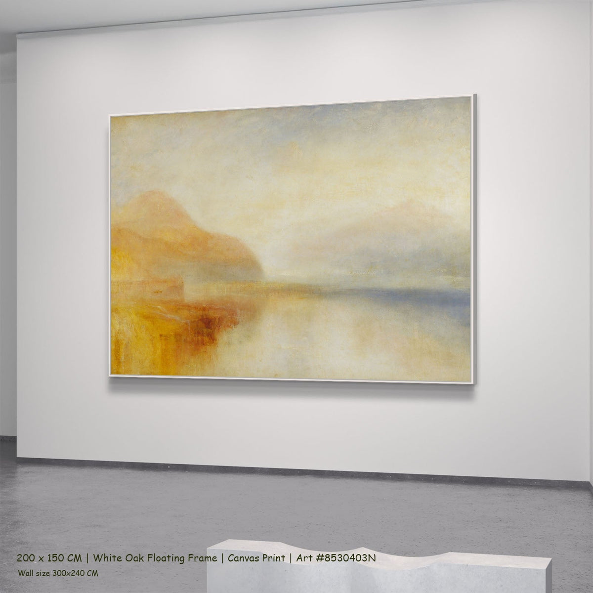 J.M.W. Turner — Inverary Pier, Loch Fyne: Morning Coastal canvas wall art in a white oak floating frame, 120 × 90 cm