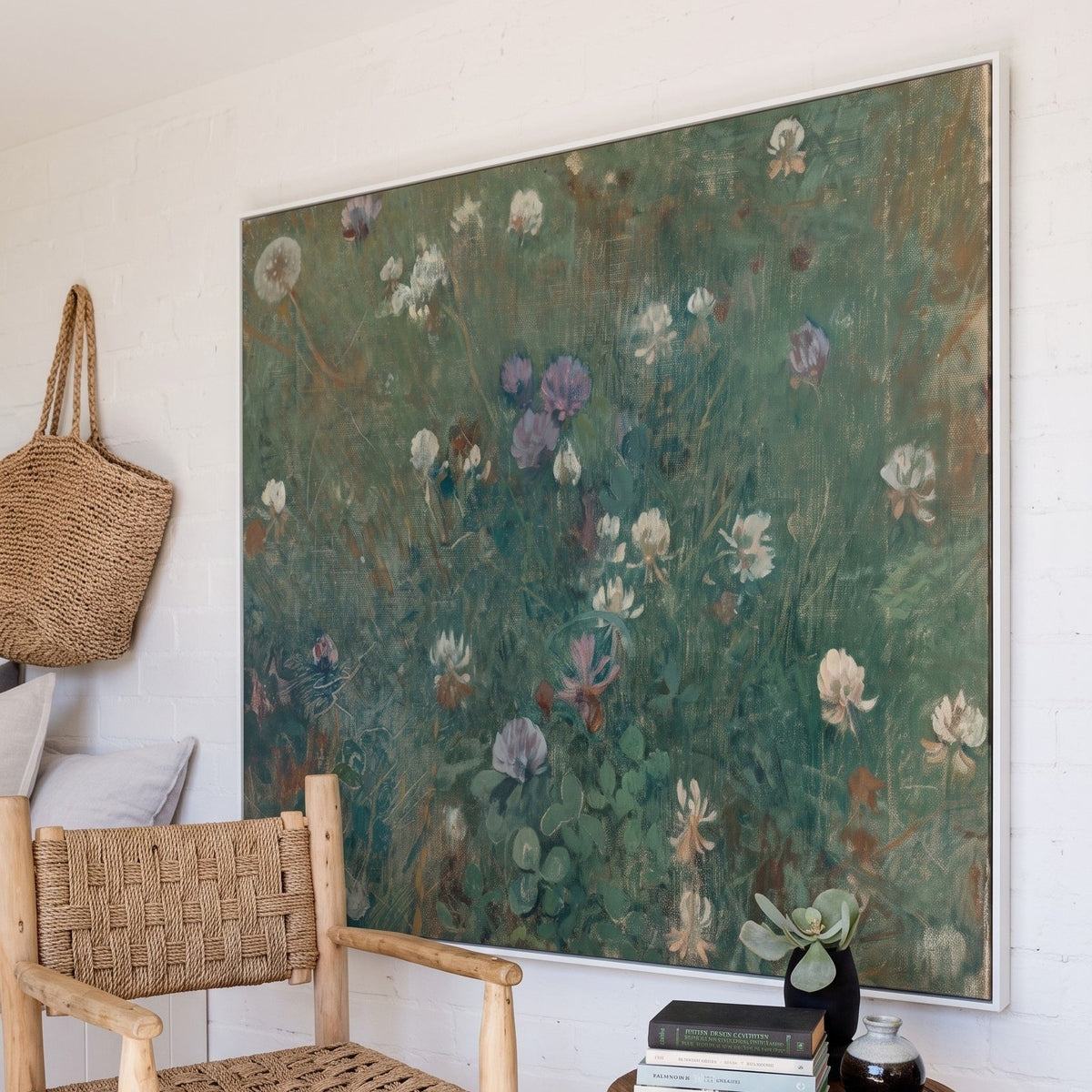 Jac van Looij | Large Green Floral Canvas Wall Art | Blooming Clover — room photo 2