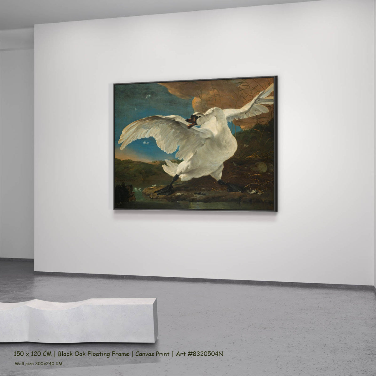 Jan Asselijn — The Threatened Swan Wildlife canvas wall art in a black oak floating frame, 150 × 120 cm