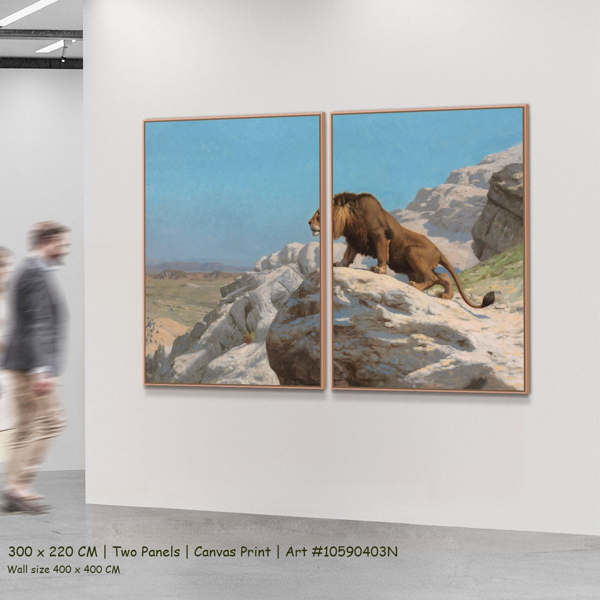 Lion on the Watch by Jean-Leon Gerome as a large two-panel light blue and white Wildlife canvas set