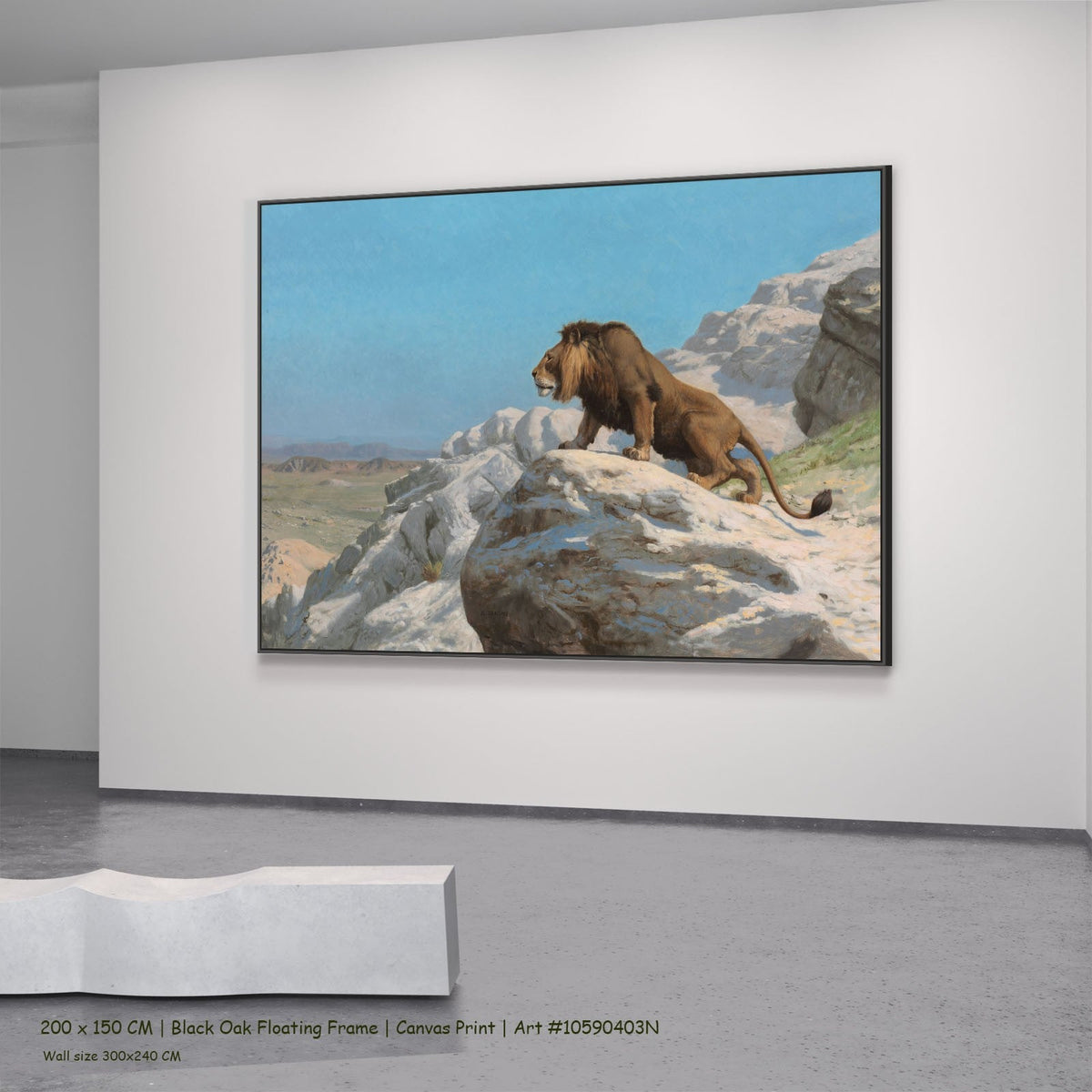 Lion on the Watch by Jean-Leon Gerome in a black oak floating frame, large light blue and white Wildlife canvas