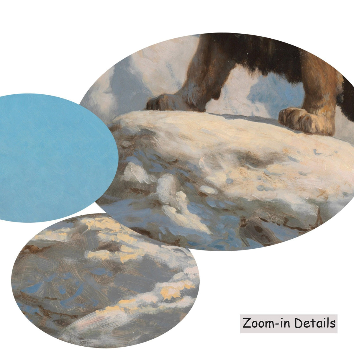 Close-up detail of the brushwork on Lion on the Watch, a large light blue and white Wildlife canvas by Jean-Leon Gerome