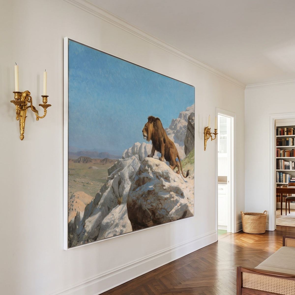 Lion on the Watch by Jean-Leon Gerome — large light blue and white Wildlife canvas art on a hallway wall
