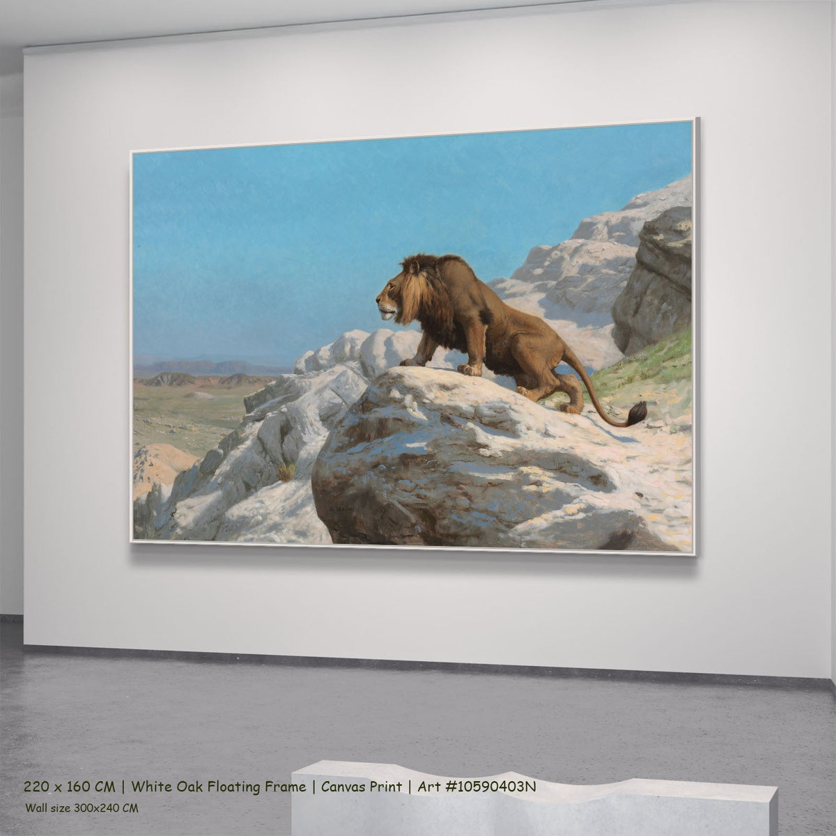 Lion on the Watch by Jean-Leon Gerome in a white oak floating frame, large light blue and white Wildlife canvas