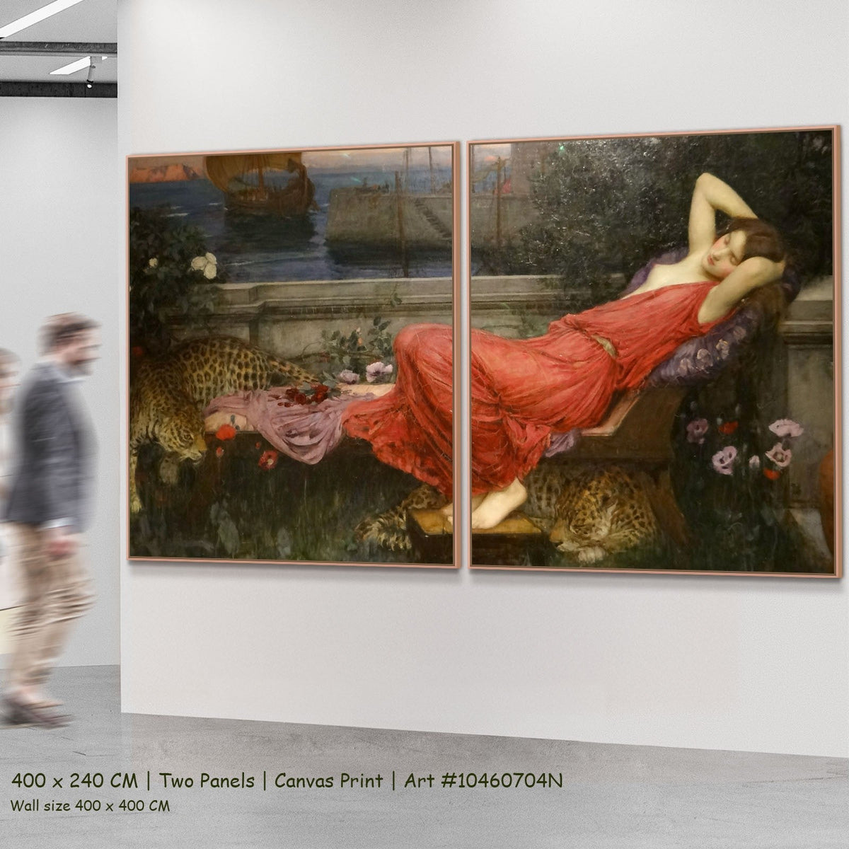 Ariadne by John William Waterhouse as a large two-panel red and green Pre-Raphaelite canvas set