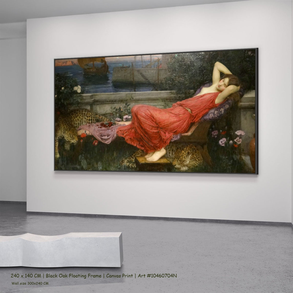 Ariadne by John William Waterhouse in a black oak floating frame, large red and green Pre-Raphaelite canvas