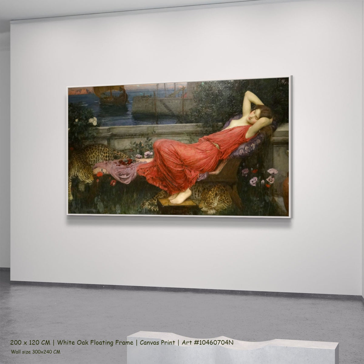Ariadne by John William Waterhouse in a white oak floating frame, large red and green Pre-Raphaelite canvas