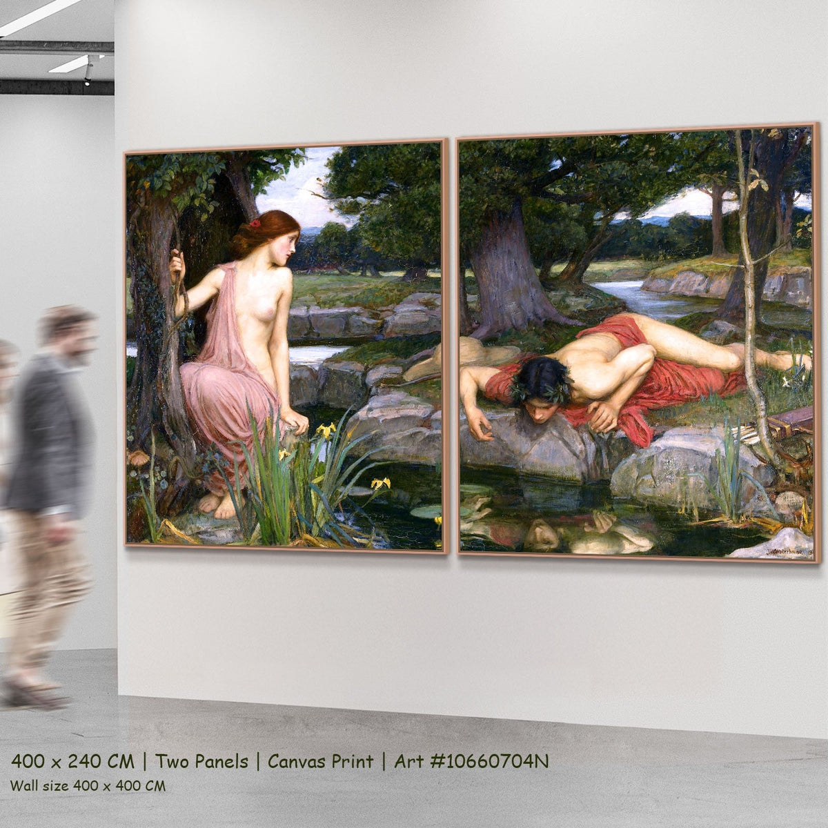 Echo and Narcissus by John William Waterhouse as a large two-panel green and red Pre-Raphaelite canvas set