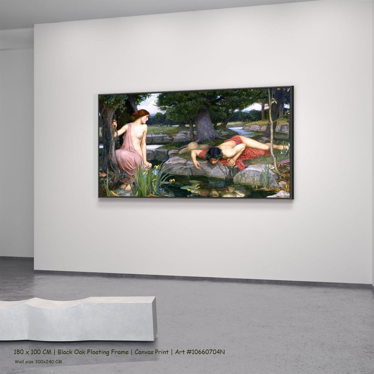 Echo and Narcissus by John William Waterhouse in a black oak floating frame, large green and red Pre-Raphaelite canvas