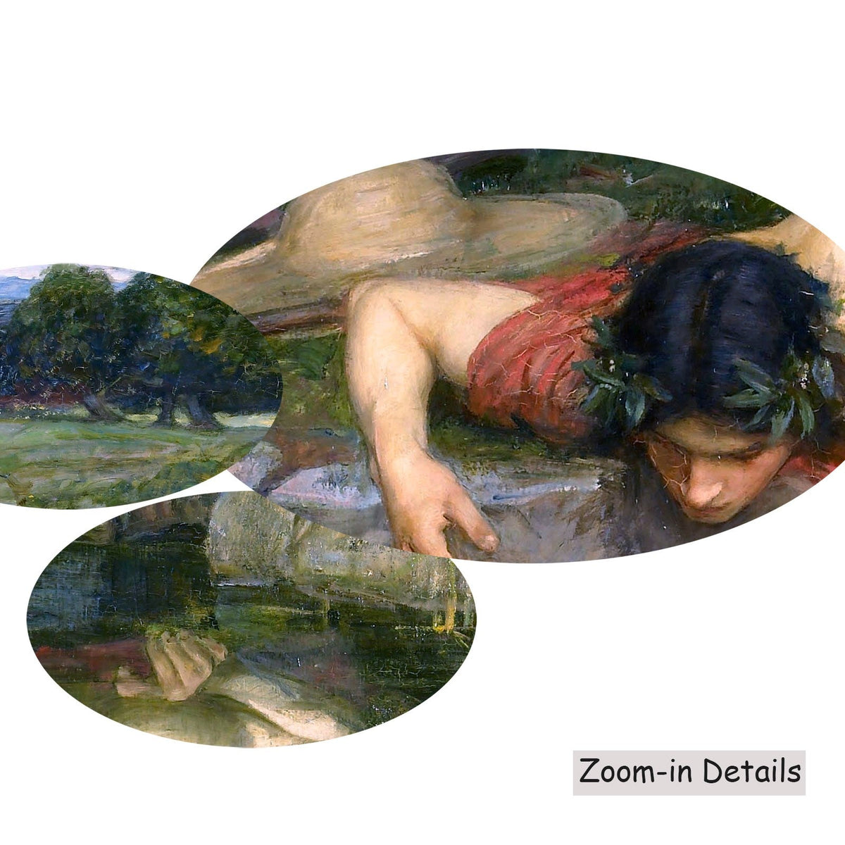 John William Waterhouse — Close-up detail of the brushwork on Echo and Narcissus, a large green and red Pre-Raphaelite…