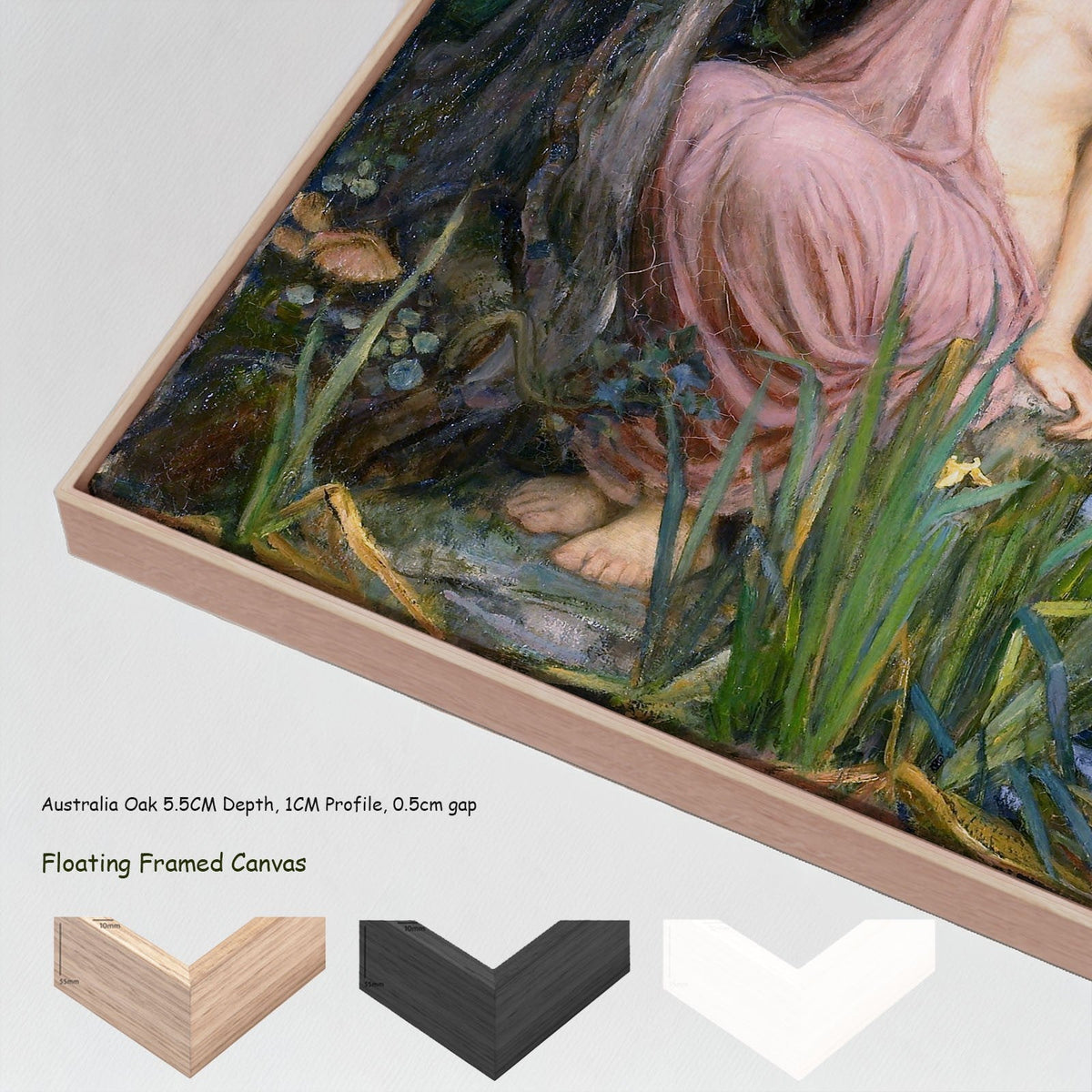 Echo and Narcissus by John William Waterhouse in a floating frame, large green and red Pre-Raphaelite canvas print