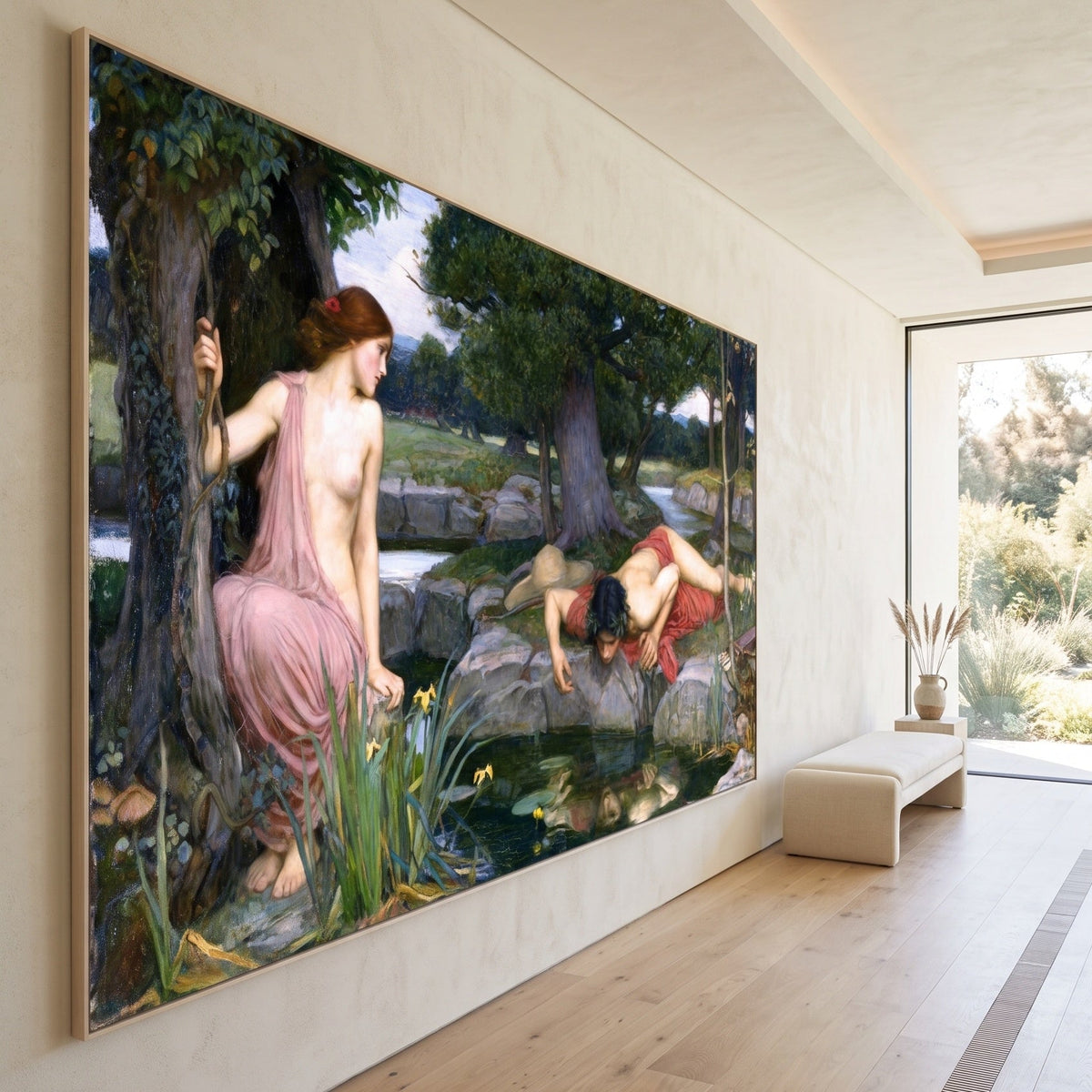 Echo and Narcissus by John William Waterhouse — large green and red Pre-Raphaelite canvas art on a hallway wall