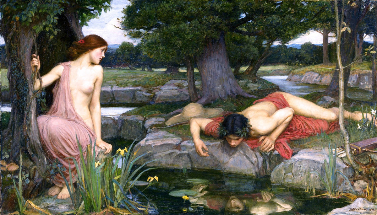 Large green and red Pre-Raphaelite canvas print of Echo and Narcissus by John William Waterhouse