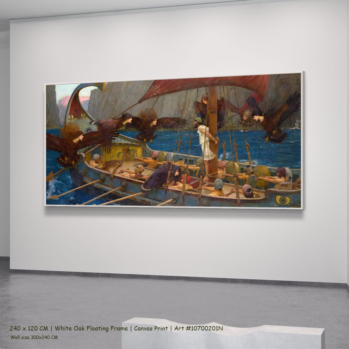 Ulysses and the Sirens by John William Waterhouse in a white oak floating frame, large blue and brown Pre-Raphaelite canvas