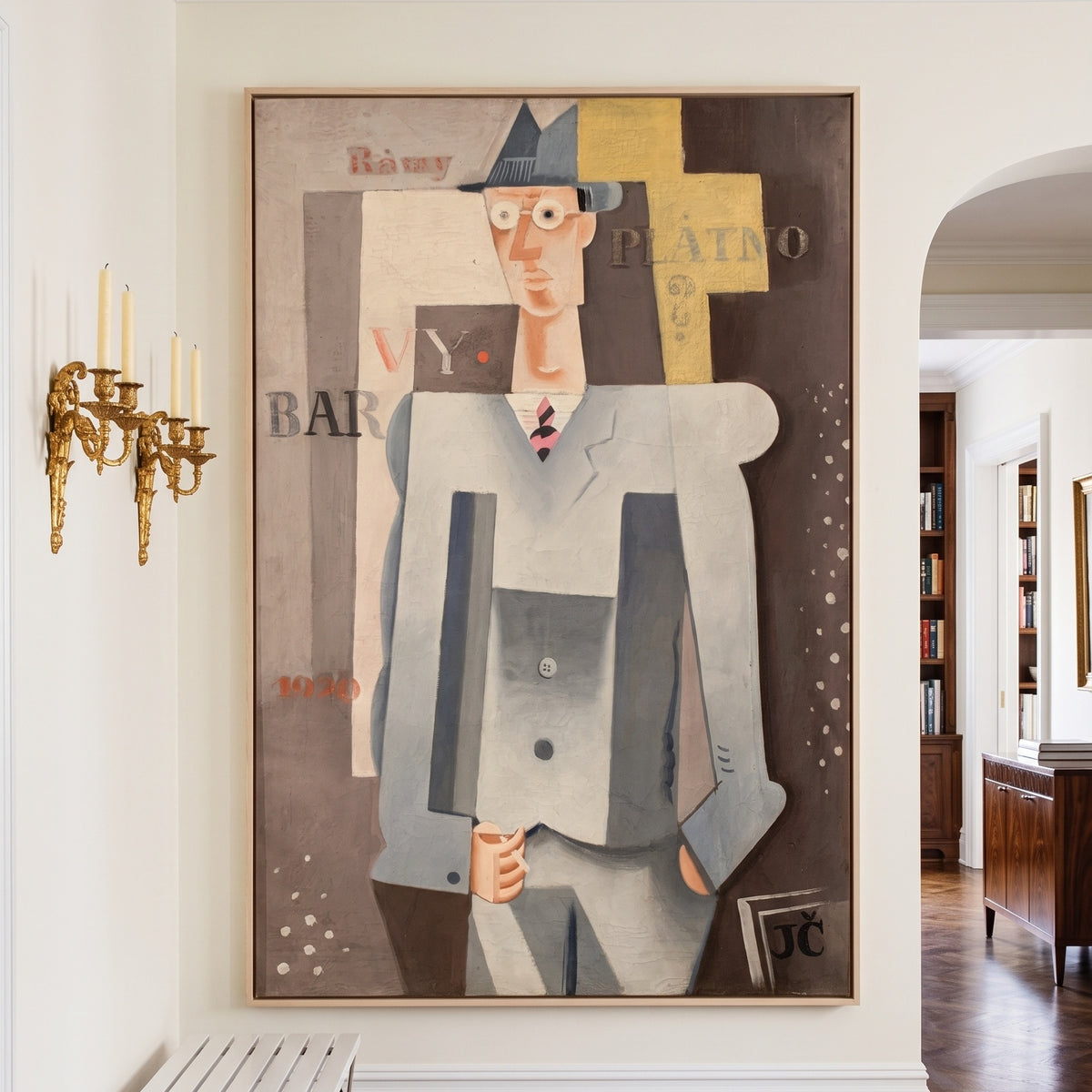 Mr. Myself by Josef Capek — large brown and yellow Cubist canvas art on a hallway wall