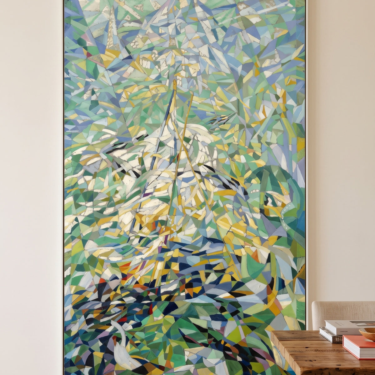 Spring by Joseph Stella — large green and blue Futurist canvas art displayed on a wall